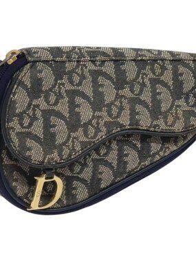 Christian Dior Trotter Canvas Saddle Pouch Navy Gold Auth 120108